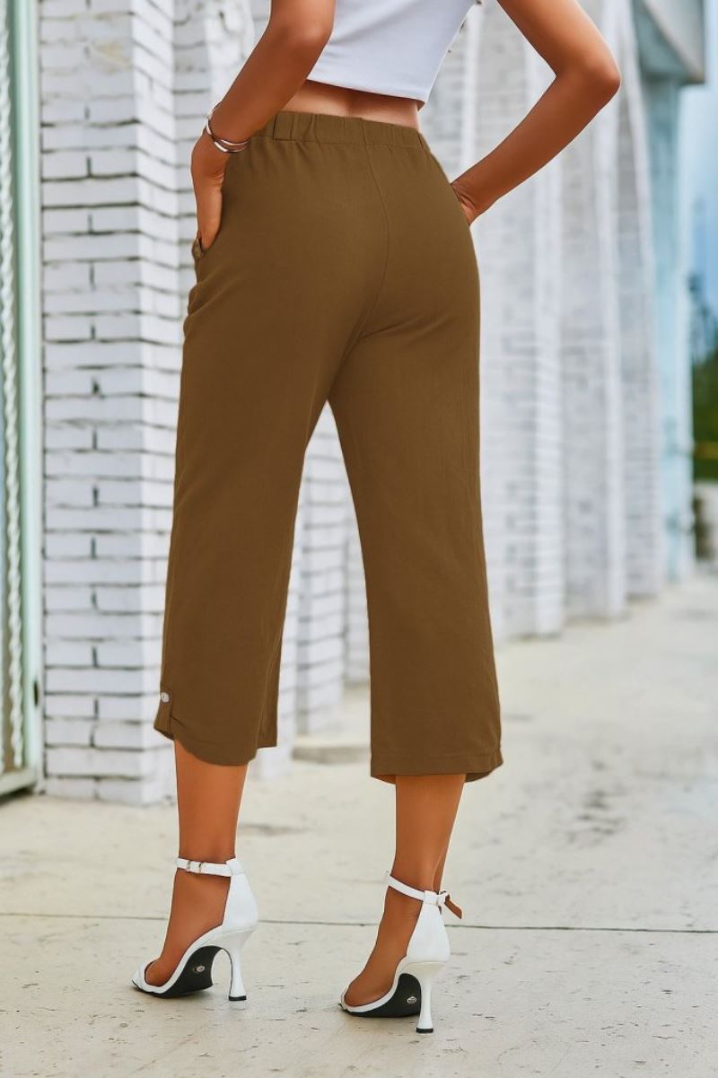 Kadın Beli Lastikli Düğme Ve Cep Detaylı Kapri Ithal Keten Pantolon