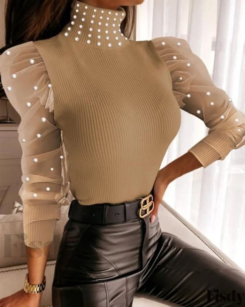 Kadın Balıkçı Yaka Kolları Tül Inci Detay Fırsat ürün Bluz