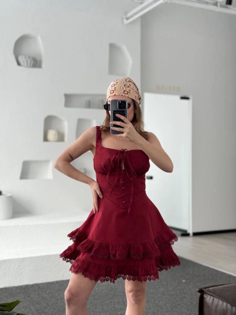 Fırfırlı Askılı Mini Elbise - Bordo