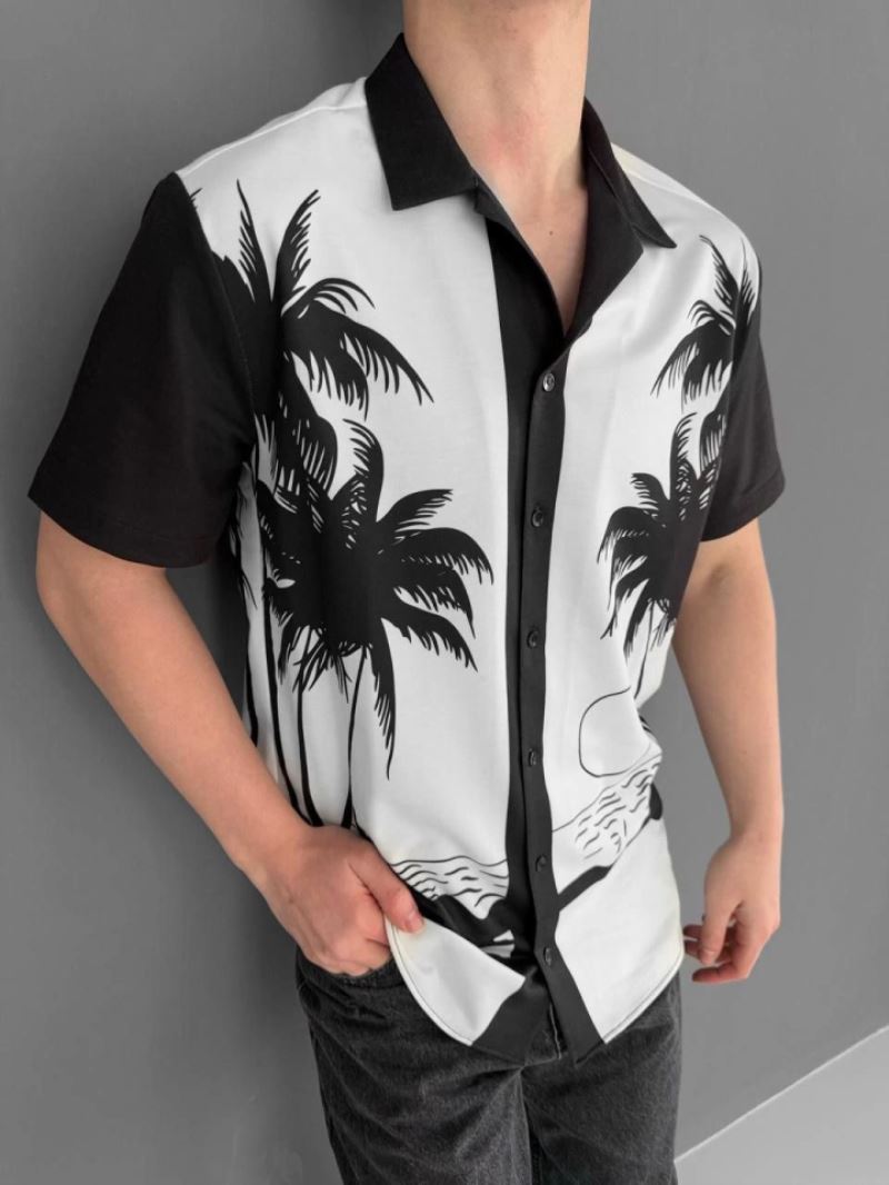 Ki İplik Kumaş Baskılı Gömlek - Siyah