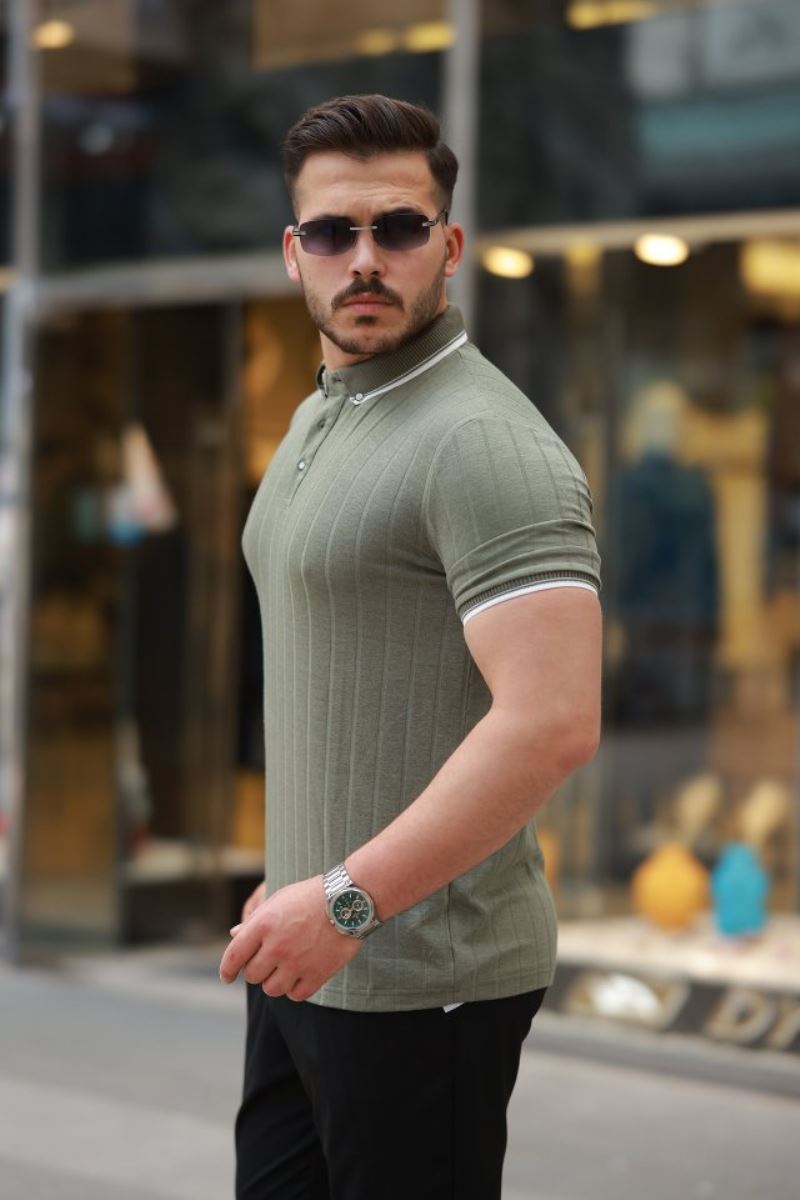 Erkek Düğme Yakalı Jakar Kumaş Kısa Kollu Tişört