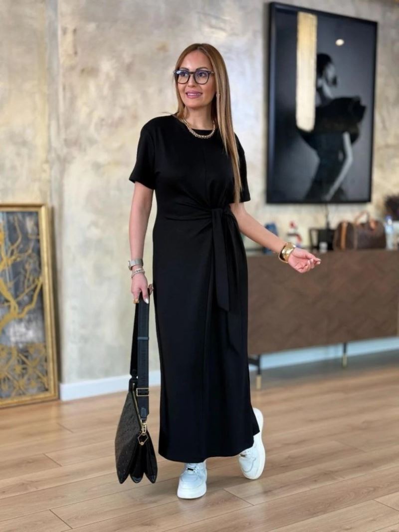 Kadın Kısa Kollu Bisiklet Yaka Yandan Bağlamalı Viskon Iki Iplik Elbise