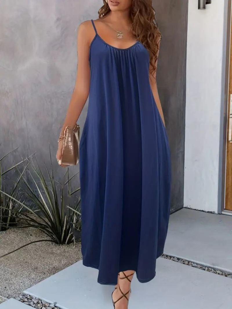 Kadın Ip Askılı Geniş V Yakalı Cepli Viskon Elbise