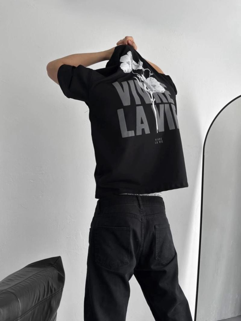 Baskılı Oversize Bisiklet Yaka T-shirt - Siyah