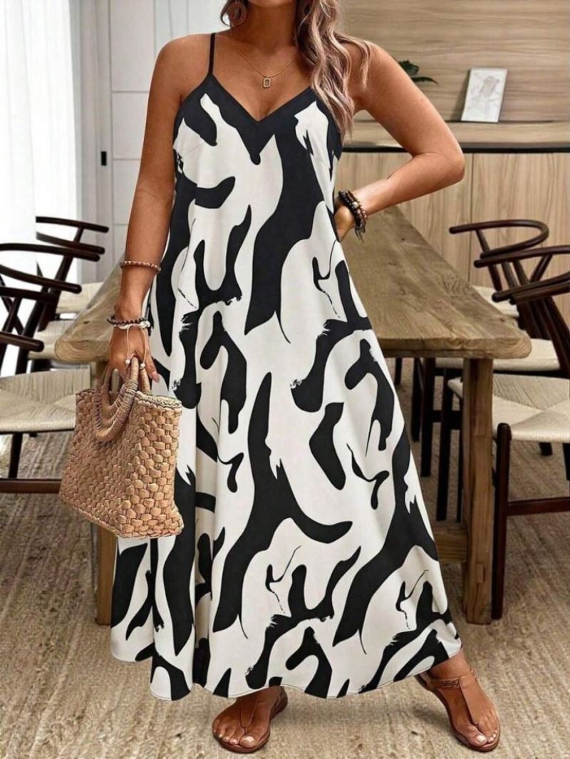 Kadın Ip Askılı Geniş V Yakalı Leopar Desenli Süprem Elbise