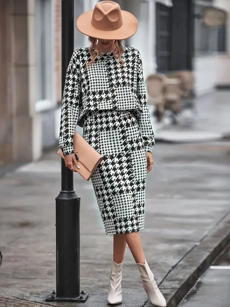 Kadın Uzun Kollu Bisiklet Yaka şardonlu Dalgıç Bluz Ve Yırtmaçlı Midi Etek Takım