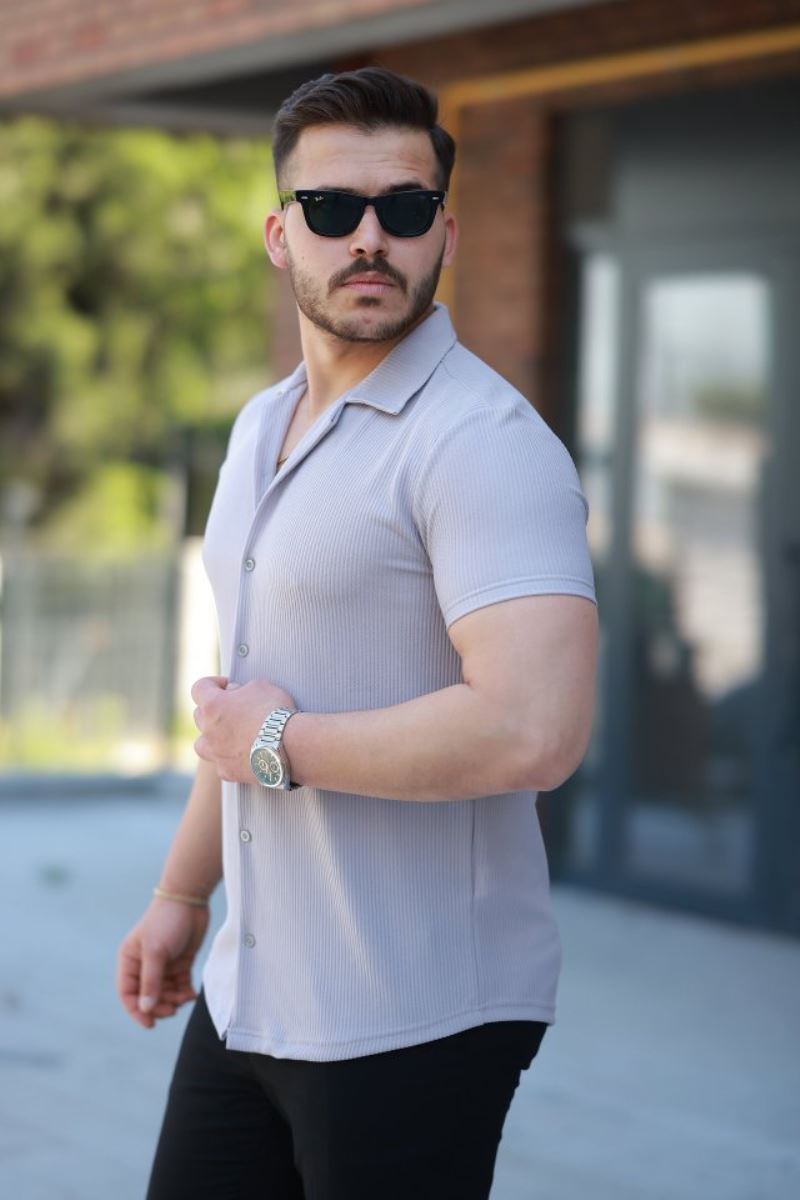 Erkek Ottoman Kumaş Apaj Yaka Kısa Kollu Gömlek