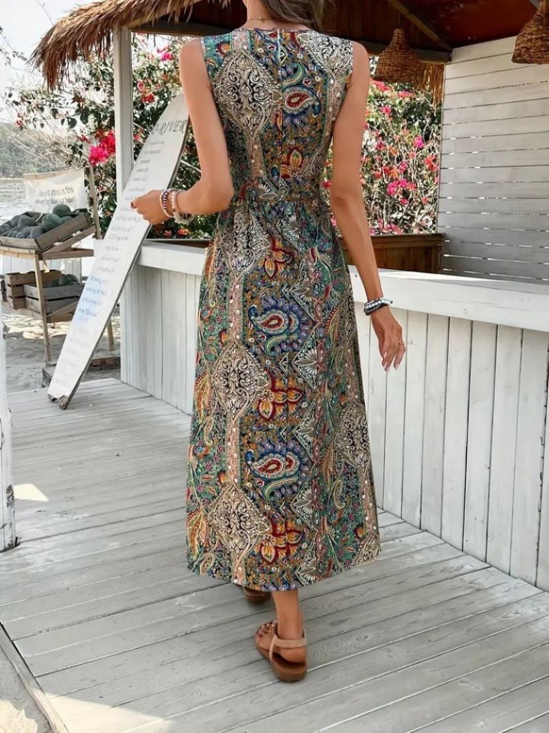 Kadın Kolsuz V Yakalı Desenli Süprem Tulum Elbise