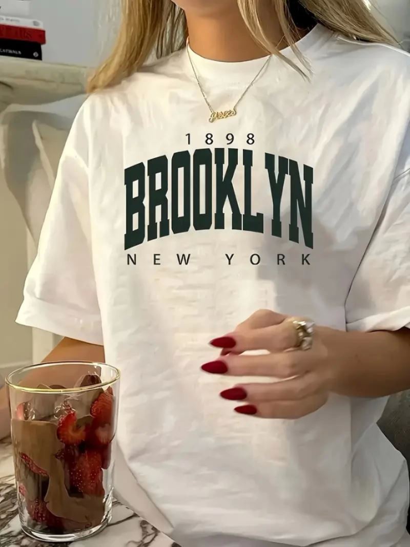 Baskılı Oversize Bisiklet Yaka T-shirt - Beyaz