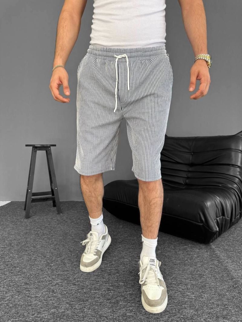 Su Yolu Çizgili Cepli Şort- Gri