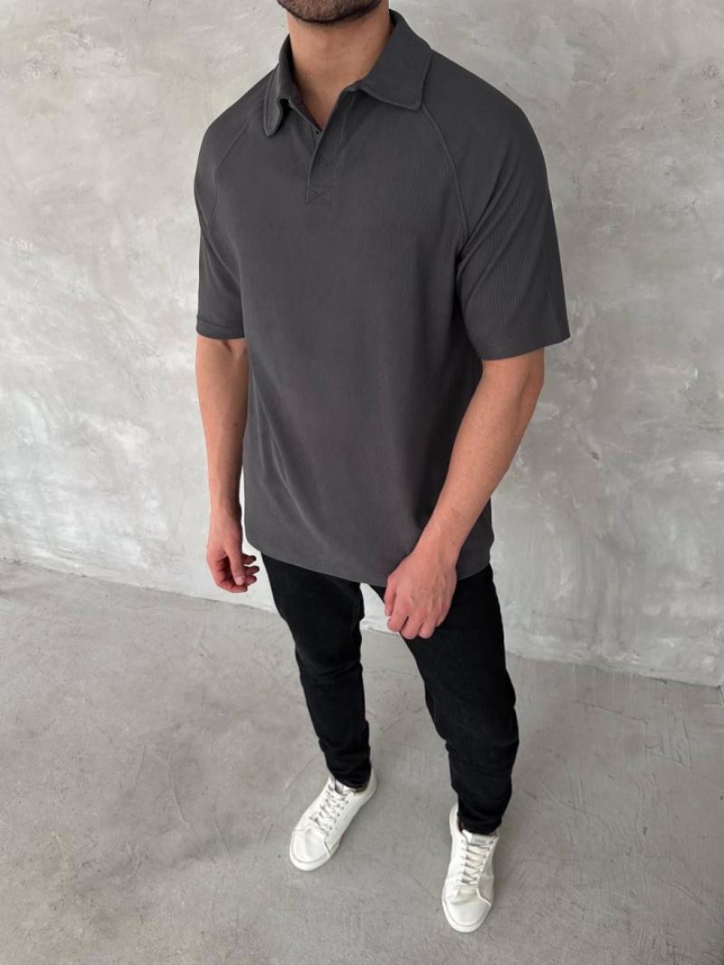 Yakalı Patlı Kısa Kol T-shirt - Antrasit