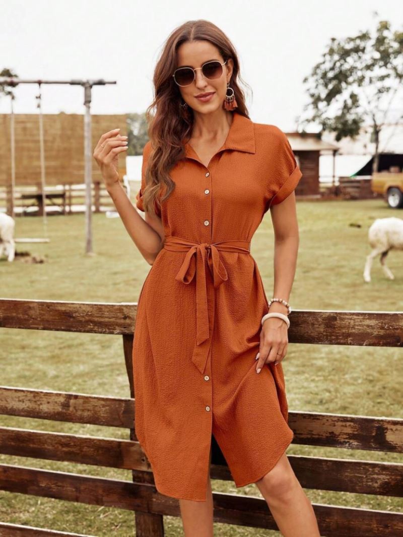 Kadın Kısa Kollu Yakalı önden Düğmeli Beli Kuşaklı Bürümcük Elbise