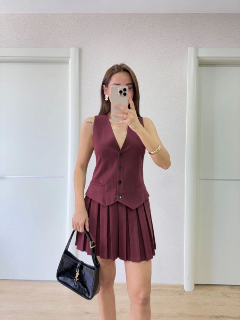 Takım Görünümlu Yelekli Mini Elbise- Bordo