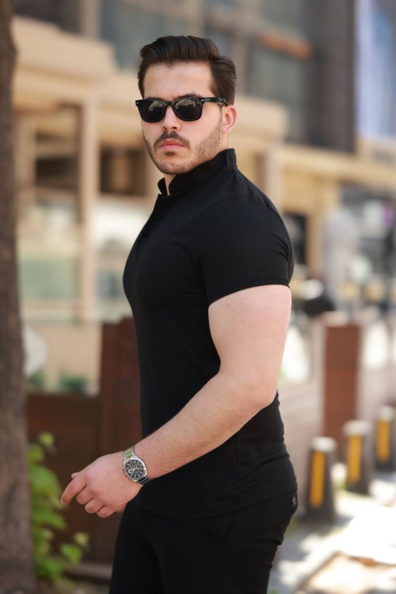 Erkek Hakim Yaka Dokuma Pamuklu Kumaş Kısa Kollu T-shirt