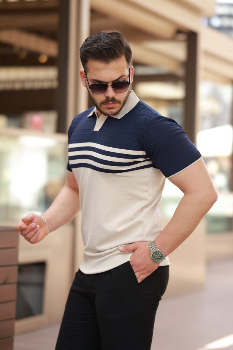 Erkek çizgi Desenli Yakalı Kısa Kollu T-shirt