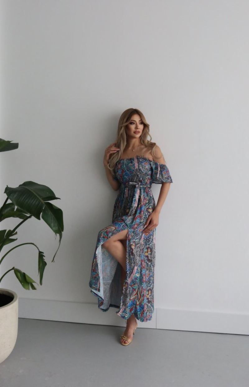 Kadın Kısa Kollu Madonna Yaka Fırfırlı Belden Yırtmaçlı Maksi Süprem Elbise