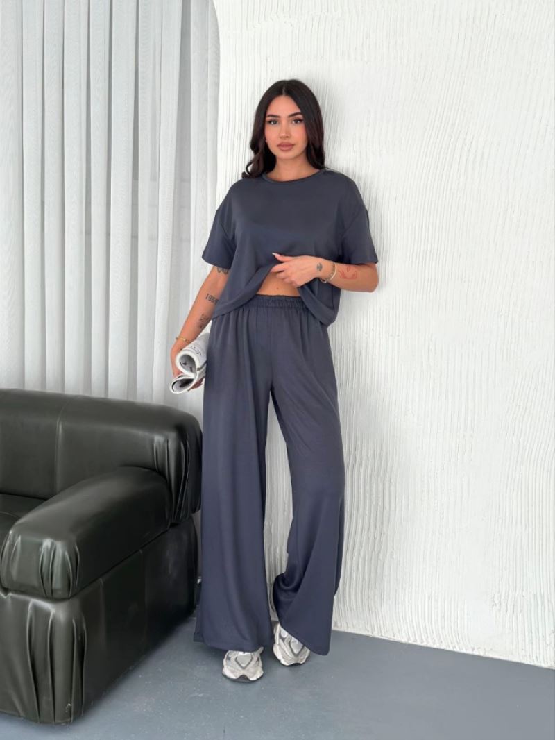 Osy Modal Yumuşak Dokulu Kumaş Bisiklet Yaka T-shirt Bol Paça Pantalon Ikili Takım -Antrasit