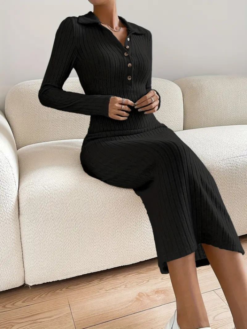 Kadın Uzun Kollu Yakalı Düğmeli şardonlu Kaşkorse Elbise