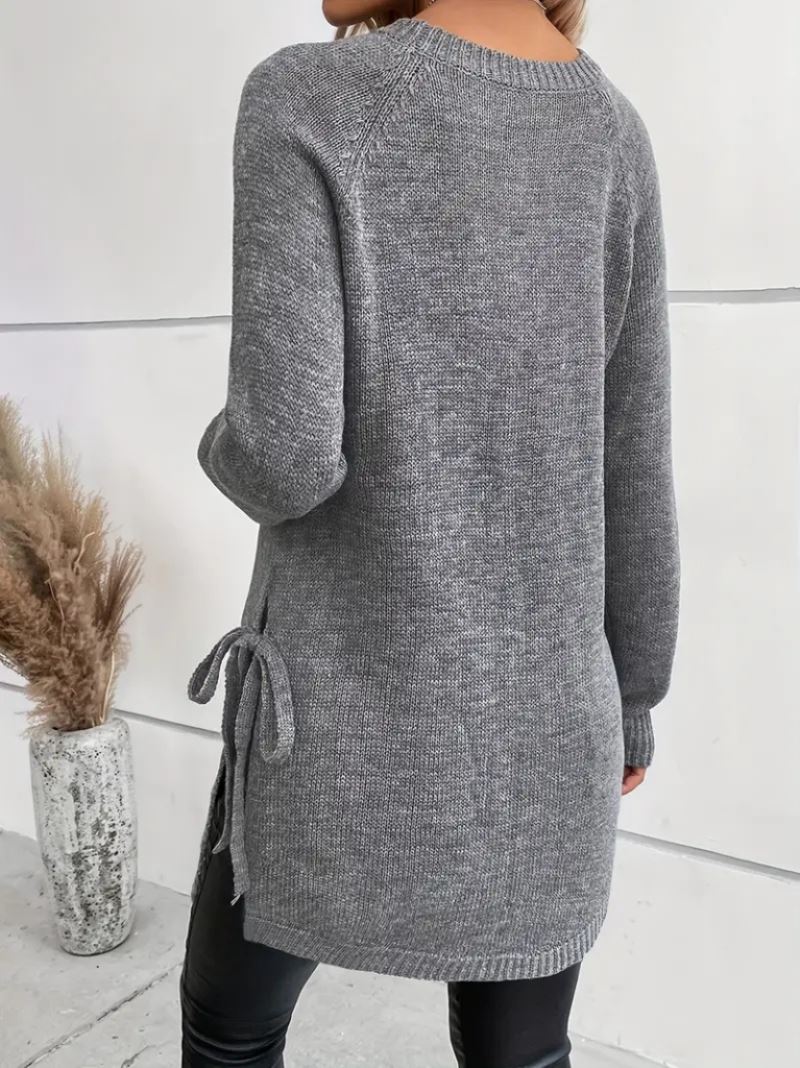 Kadın Uzun Kollu Yuvarlak Yakalı Yanlardan Bağcıklı Triko Bluz