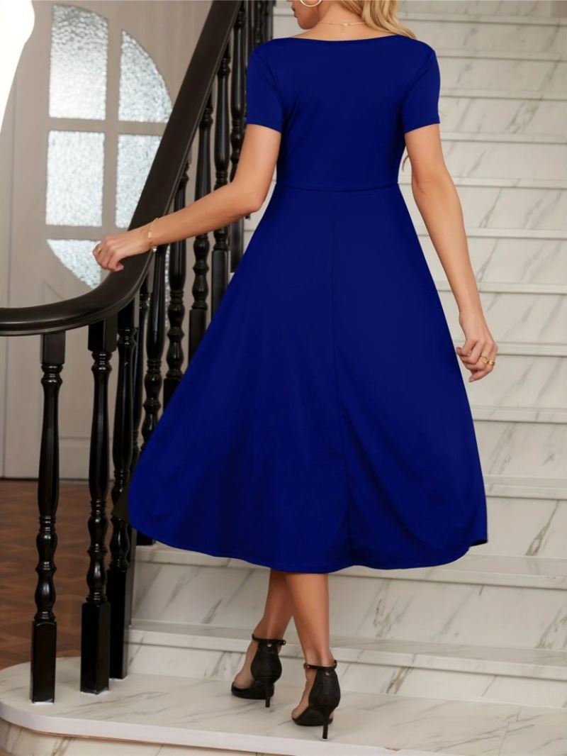 Kadın Kısa Kollu V Yakalı önden Pileli Midi Janjan Krep Elbise