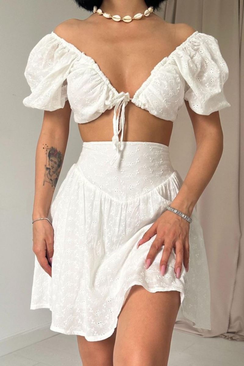 Ekru Brode Crop Ve Mini Etek Takım