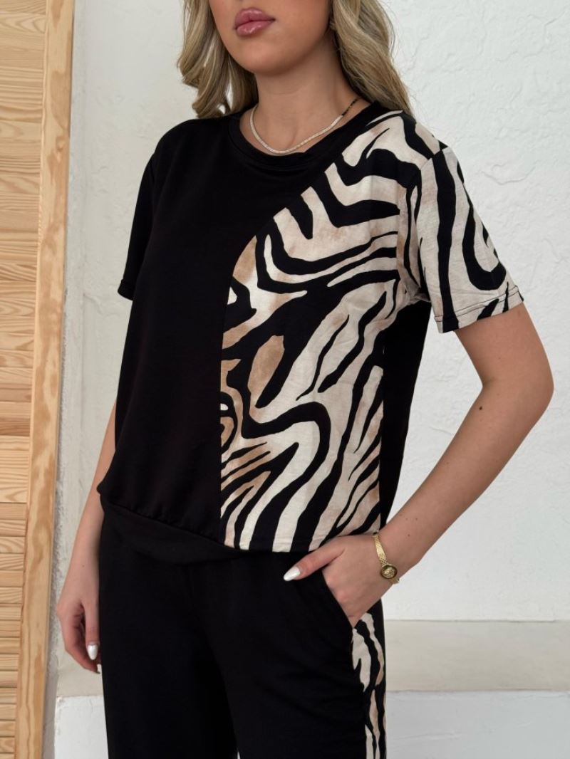 Kadın Bisiklet Yaka Kısa Kol Leopar Desen Bluz Ve Pantolon Ikili Takım