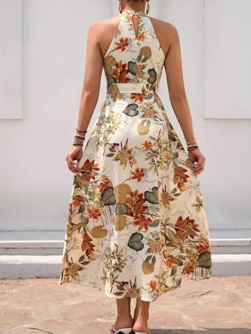 Kadın Omuzlardan Açık Halter Yakalı Yırtmaçlı çiçek Desenli Süprem Elbise