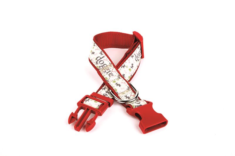 Doggie Köpek ve Pati Desenli Dokuma Köpek Boyun Tasması 3 cm x 36-60 cm Kırmızı