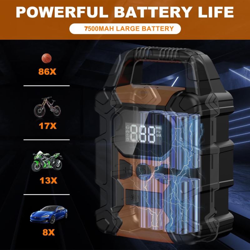 7500 mAh Taşınabilir Şarjlı Ekranlı Lastik Şişirme Pompası Hava Kompresörü